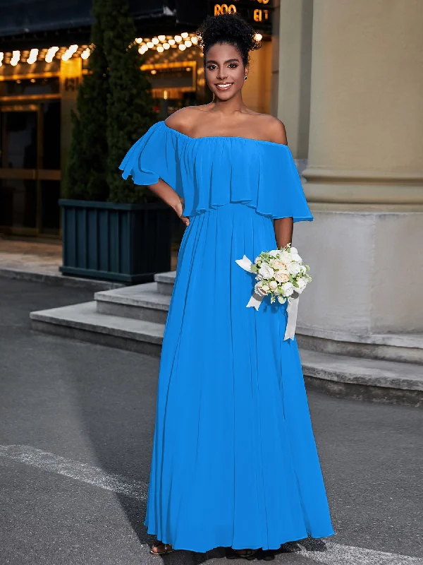 Off the Shoulder Ruffles Chiffon Maxi Dress-Ocean Blue Elegant Maxi Dress with Slit