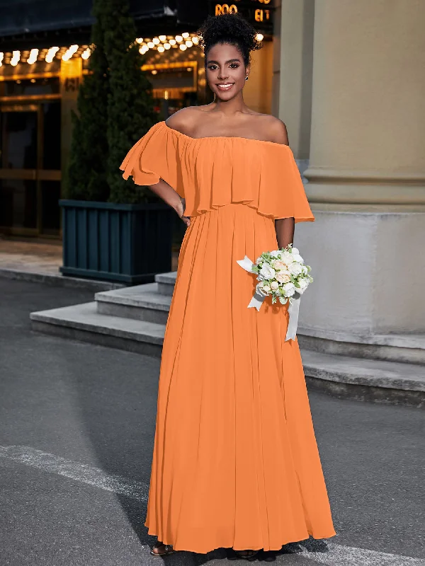 Off the Shoulder Ruffles Chiffon Maxi Dress-Orange Cozy Knitted Maxi Dress