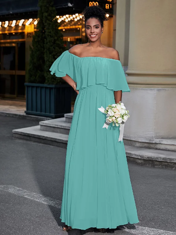 Off the Shoulder Ruffles Chiffon Maxi Dress-Spa Comfortable Maxi Dress with Belt