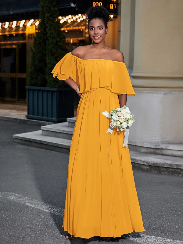 Off the Shoulder Ruffles Chiffon Maxi Dress-Tangerine Stylish Maxi Dress with Pleats