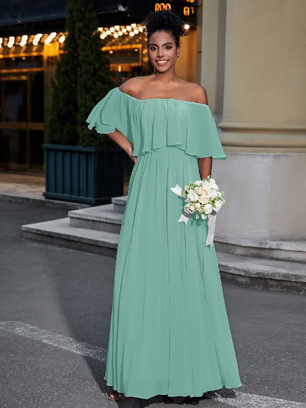 Off the Shoulder Ruffles Chiffon Maxi Dress-Turquoise Stylish Button-Up Maxi Dress