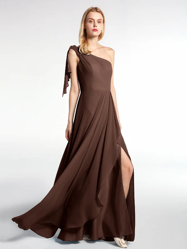 One Shoulder Chiffon Maxi Dress with Cascade-Chocolate Trendy Maxi Dress with Bow