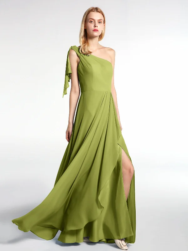 One Shoulder Chiffon Maxi Dress with Cascade-Clover Comfortable Maxi Dress with Sleeves