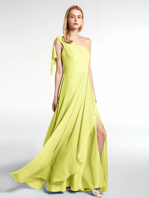 One Shoulder Chiffon Maxi Dress with Cascade-Daffodil Trendy Floral Print Maxi Dress