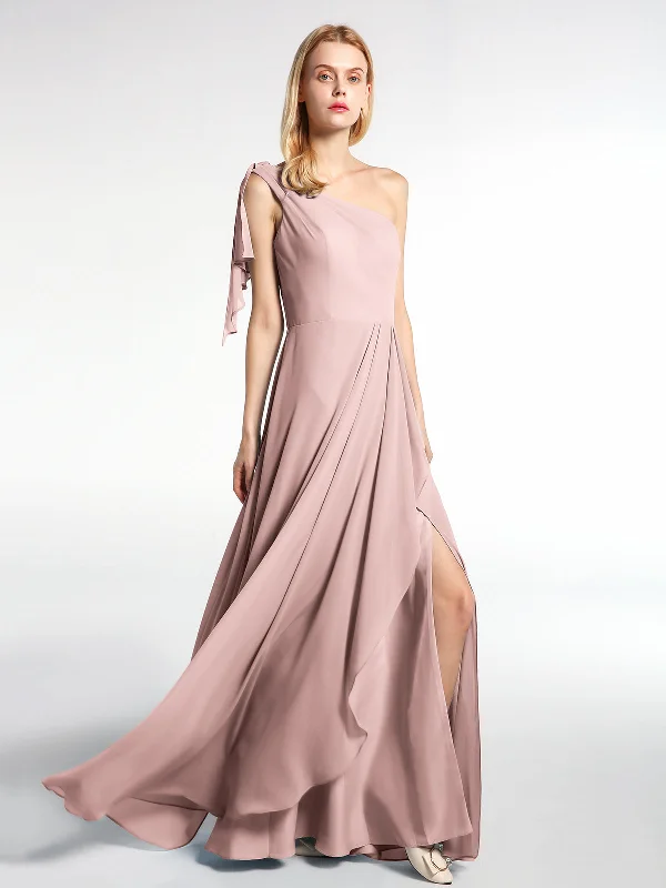 One Shoulder Chiffon Maxi Dress with Cascade-Dusty Rose Chic Sleeveless Maxi Dress