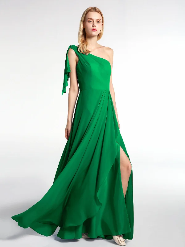 One Shoulder Chiffon Maxi Dress with Cascade-Emerald Cozy Maxi Dress with Slit