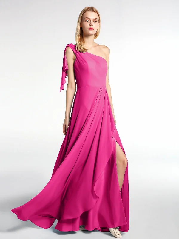 One Shoulder Chiffon Maxi Dress with Cascade-Fuchsia Trendy Off-Shoulder Ruffle Maxi Dress