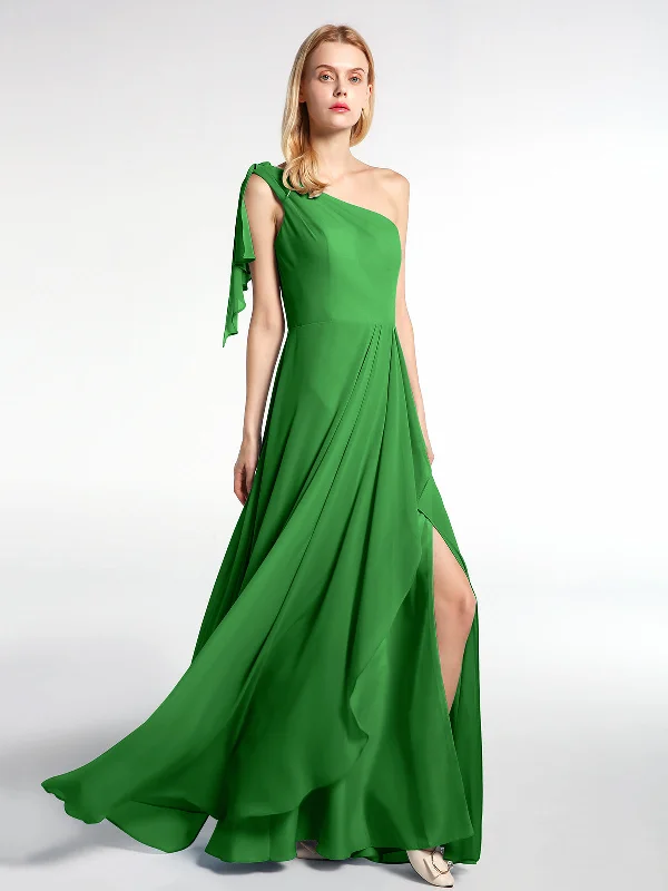 One Shoulder Chiffon Maxi Dress with Cascade-Green Fashionable Chiffon Maxi Dress