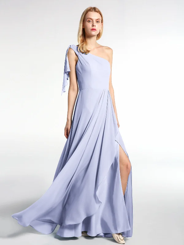 One Shoulder Chiffon Maxi Dress with Cascade-Lavender Elegant Maxi Dress with Ruffles