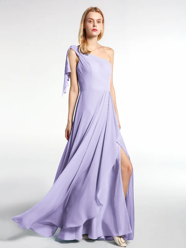 One Shoulder Chiffon Maxi Dress with Cascade-Lilac Chic Summer Floral Maxi Dress