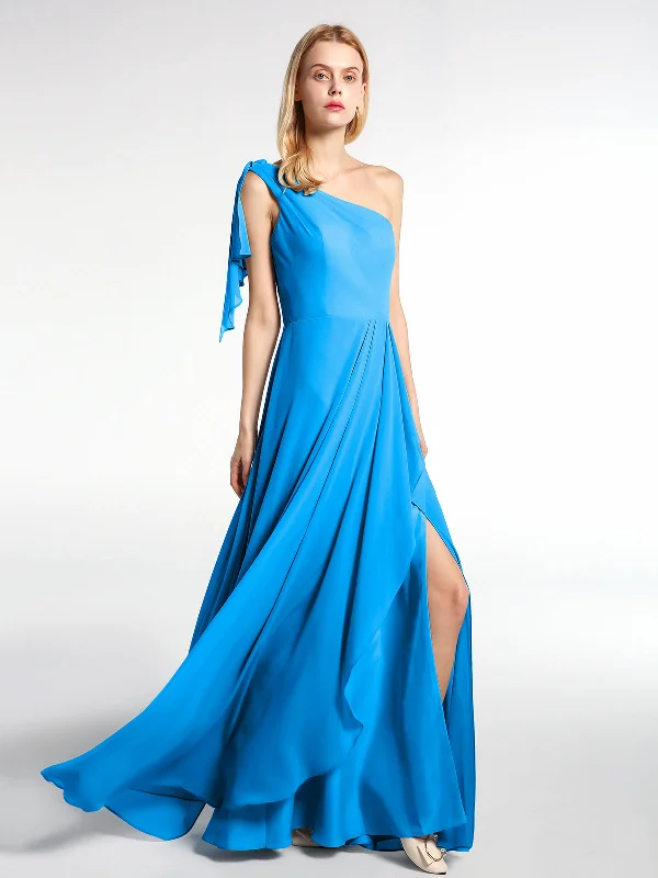 One Shoulder Chiffon Maxi Dress with Cascade-Ocean Blue Comfortable Satin Maxi Dress