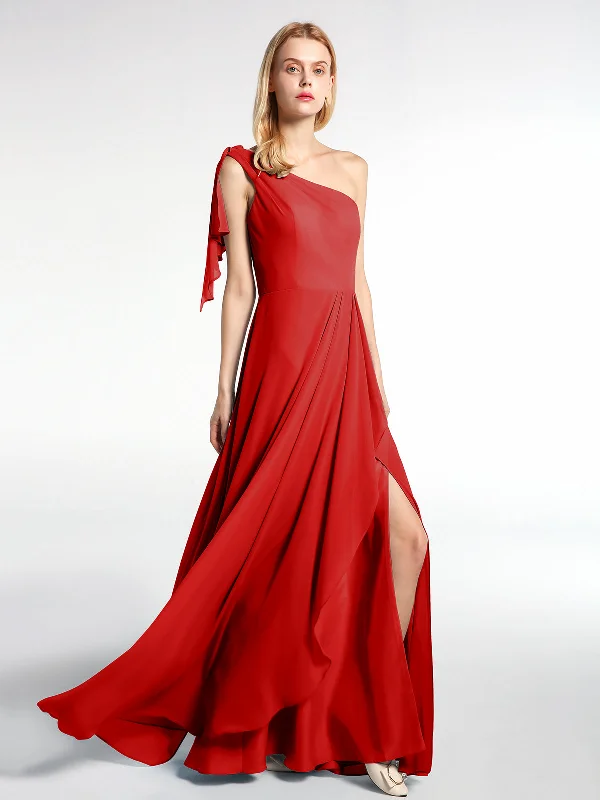 One Shoulder Chiffon Maxi Dress with Cascade-Red Trendy Fit-and-Flare Maxi Dress