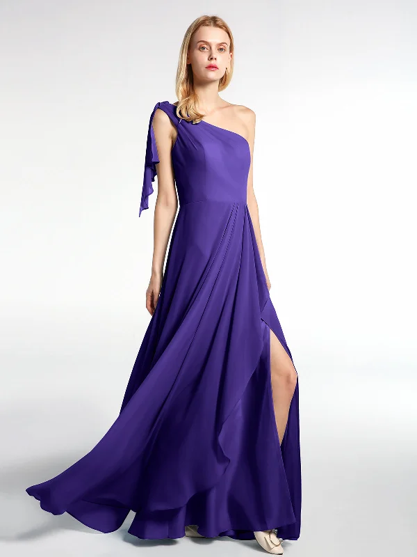 One Shoulder Chiffon Maxi Dress with Cascade-Regency Fashionable High-Waist Maxi Dress