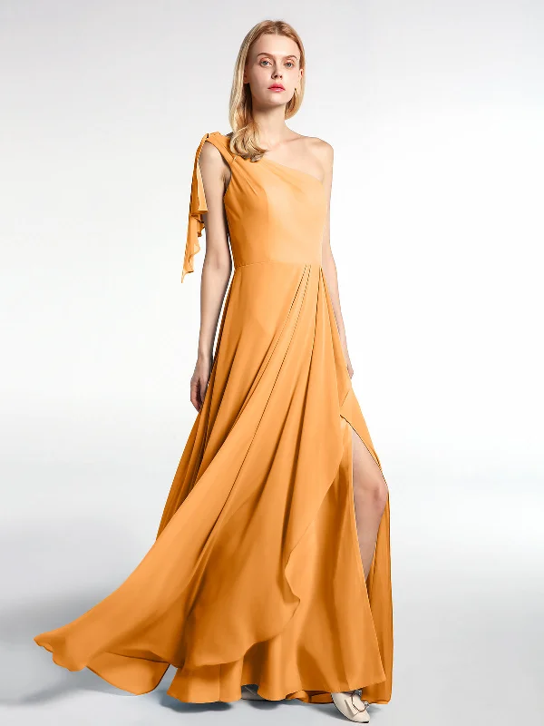 One Shoulder Chiffon Maxi Dress with Cascade-Tangerine Fashionable Faux Wrap Maxi Dress