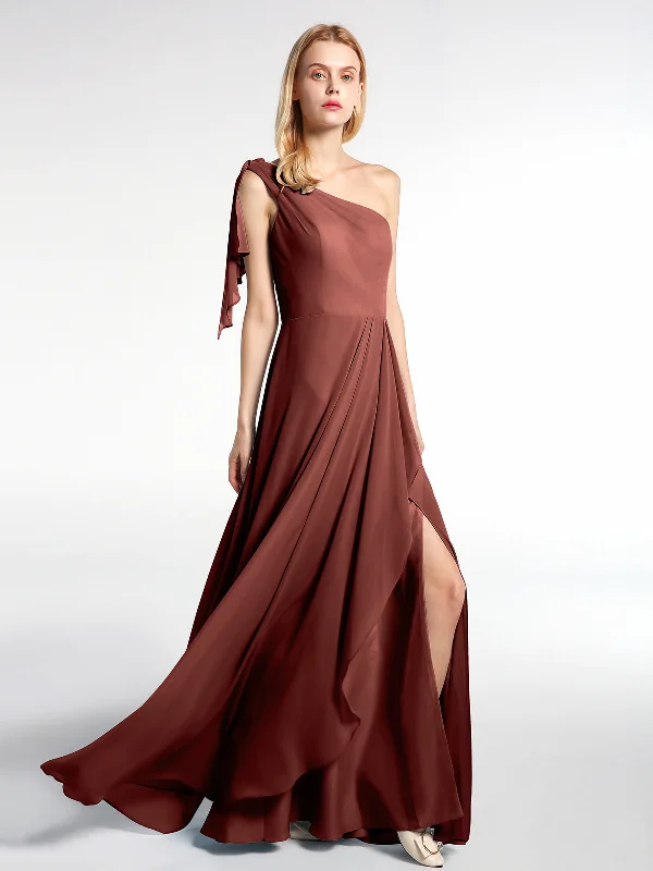 One Shoulder Chiffon Maxi Dress with Cascade-Terracotta Elegant Maxi Dress with Ruffles