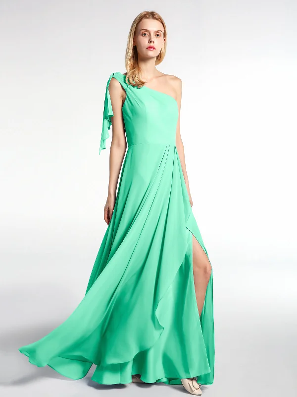 One Shoulder Chiffon Maxi Dress with Cascade-Turquoise Fashionable Layered Maxi Dress