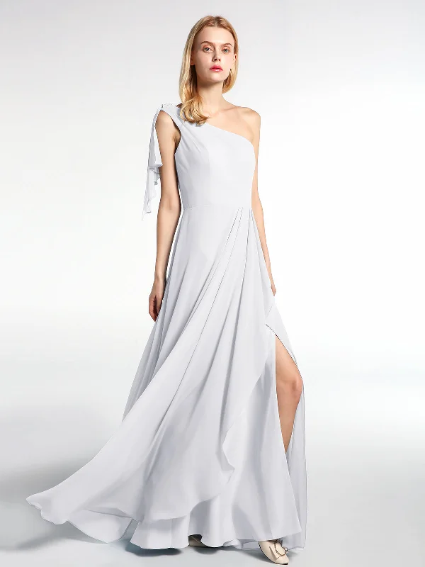 One Shoulder Chiffon Maxi Dress with Cascade-White Elegant Tiered Maxi Dress