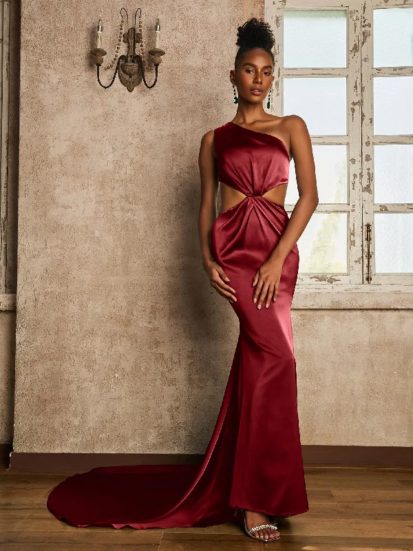 One Shoulder Ruched Waist Cut-Out Maxi Dress Burgundy Comfortable Pleated Maxi Dress