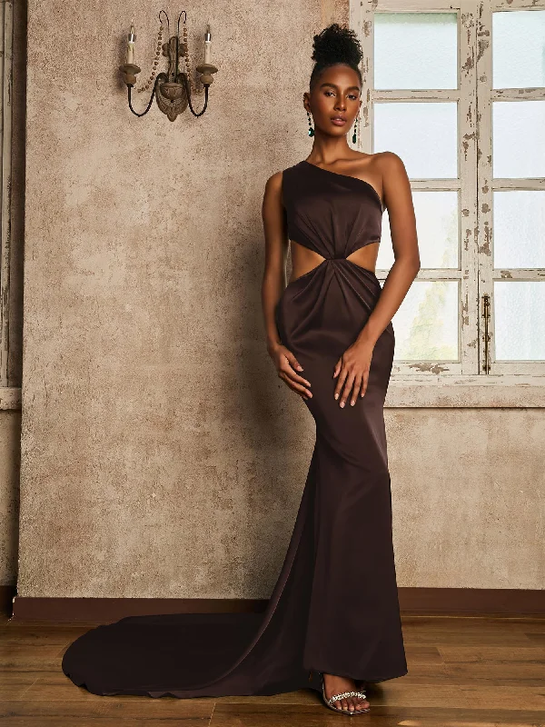 One Shoulder Ruched Waist Cut-Out Maxi Dress Chocolate Elegant Velvet Maxi Dress