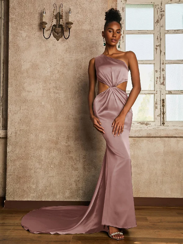 One Shoulder Ruched Waist Cut-Out Maxi Dress Dusty Rose Classic Tulle Maxi Dress