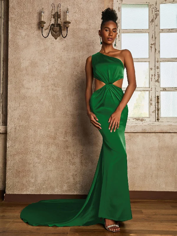 One Shoulder Ruched Waist Cut-Out Maxi Dress Emerald Cozy Maxi Dress with Slit