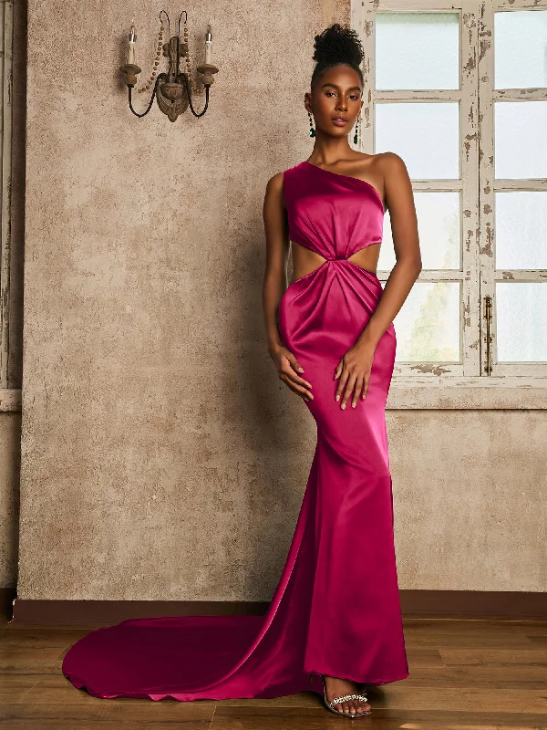 One Shoulder Ruched Waist Cut-Out Maxi Dress Fuchsia Cozy Knit Maxi Dress