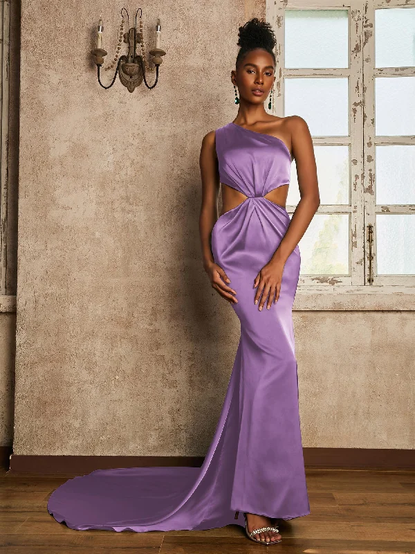 One Shoulder Ruched Waist Cut-Out Maxi Dress Lilac Trendy Maxi Dress with Belt