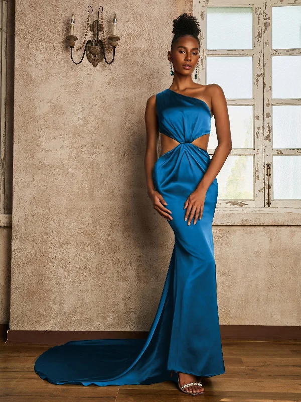 One Shoulder Ruched Waist Cut-Out Maxi Dress Ocean Blue Elegant Pleated Maxi Dress