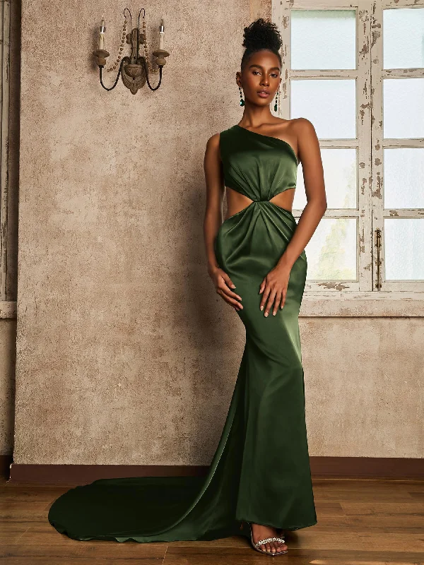 One Shoulder Ruched Waist Cut-Out Maxi Dress Olive Green Fashionable Halter Neck Maxi Dress