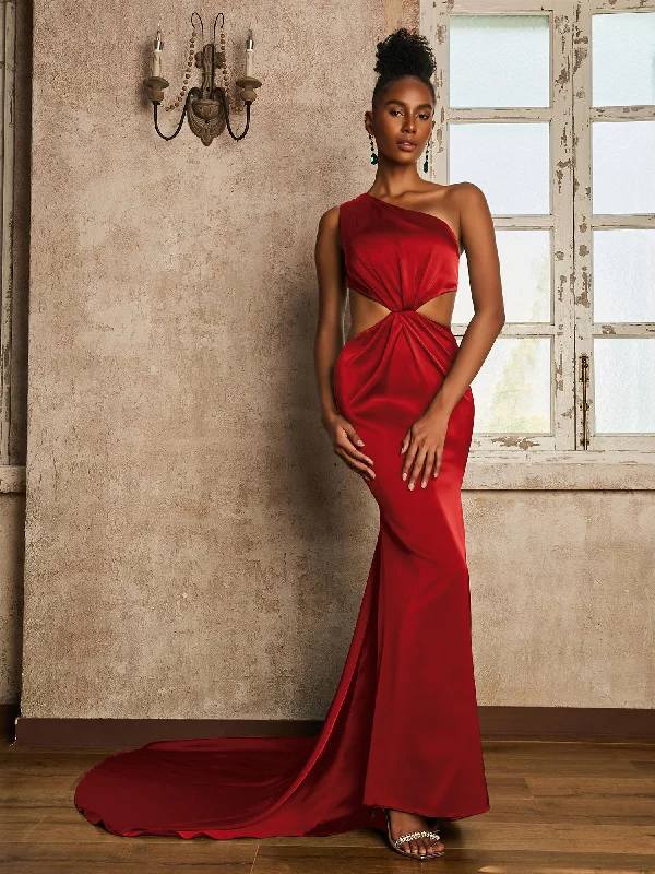 One Shoulder Ruched Waist Cut-Out Maxi Dress Red Stylish Maxi Dress with Frills