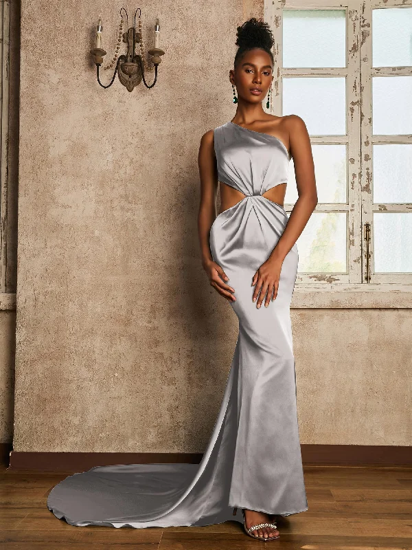 One Shoulder Ruched Waist Cut-Out Maxi Dress Silver Comfortable Satin Maxi Dress