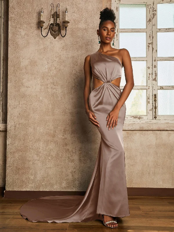 One Shoulder Ruched Waist Cut-Out Maxi Dress Taupe Elegant Floral Maxi Dress