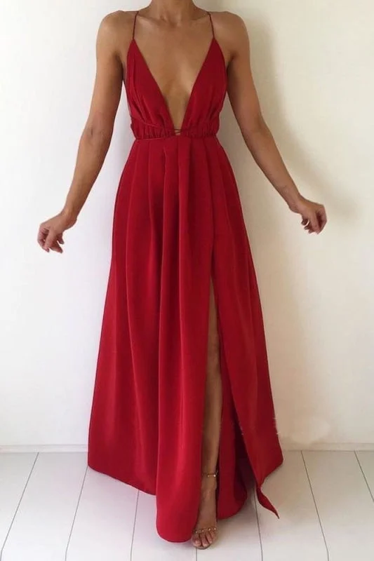 Red Deep V-neck Chiffon Backless Prom with Slit Sexy Evening Dresses Maxi Dress Classic Solid Maxi Dress