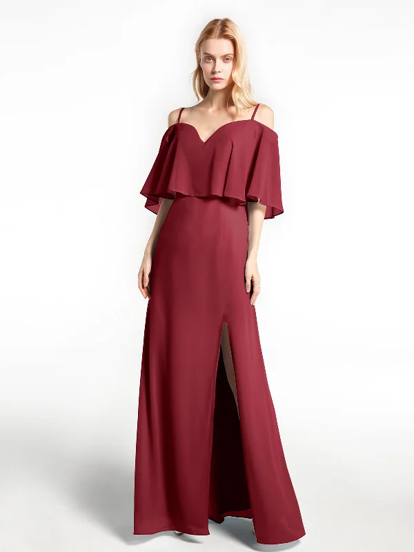 Ruffled Cold Shoulder Maxi Dress with Flounce Overlay Burgundy Fashionable Maxi Dress with Fringe