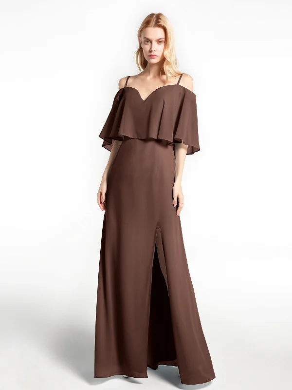 Ruffled Cold Shoulder Maxi Dress with Flounce Overlay Chocolate Cozy Spaghetti Strap Maxi Dress