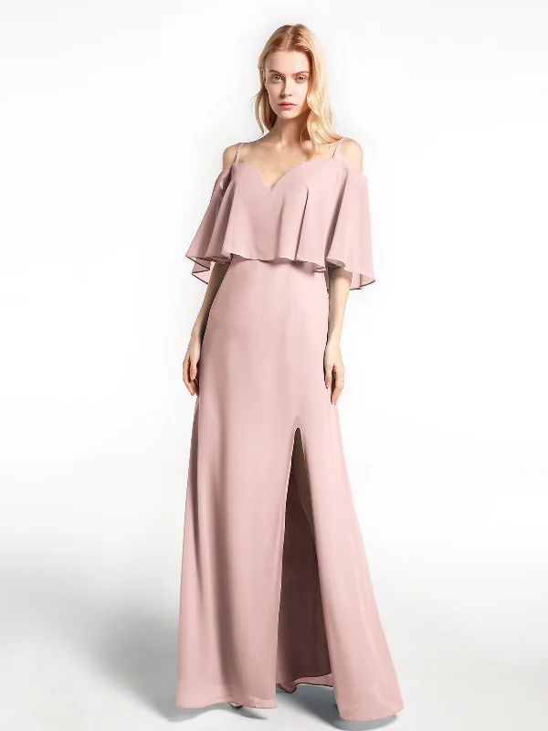 Ruffled Cold Shoulder Maxi Dress with Flounce Overlay Dusty Rose Stylish Long Sleeve Maxi Dress