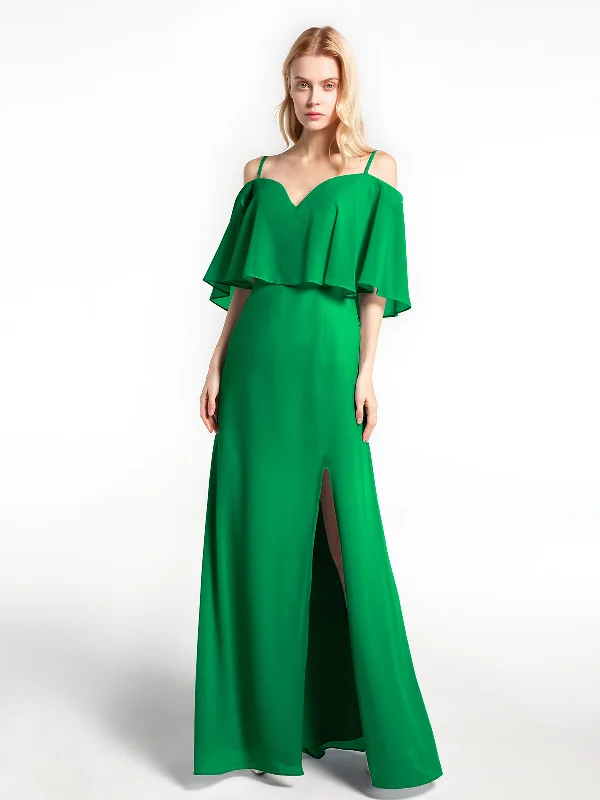 Ruffled Cold Shoulder Maxi Dress with Flounce Overlay Emerald Elegant Pleated Maxi Dress