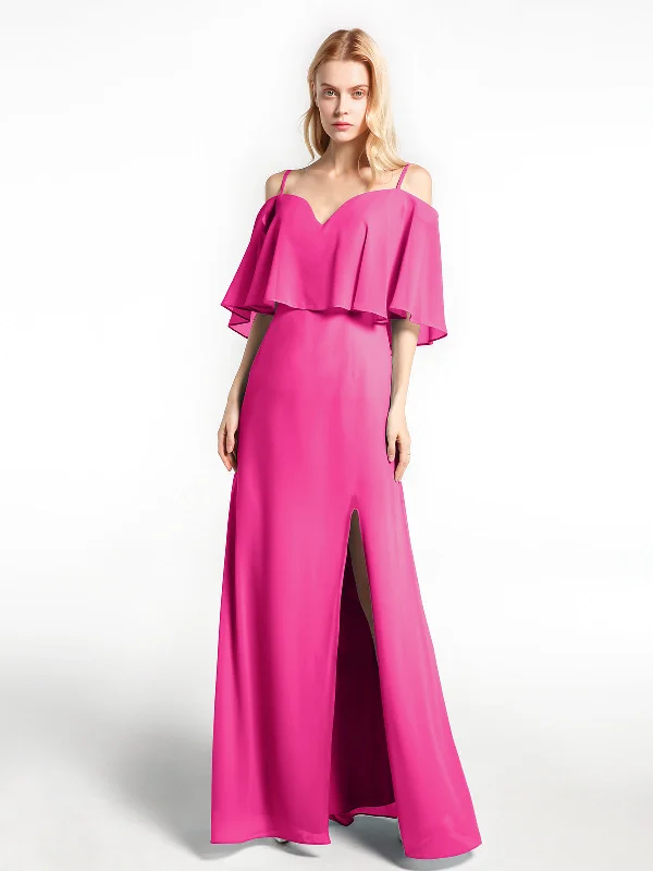 Ruffled Cold Shoulder Maxi Dress with Flounce Overlay Fuchsia Cozy Knitted Maxi Dress