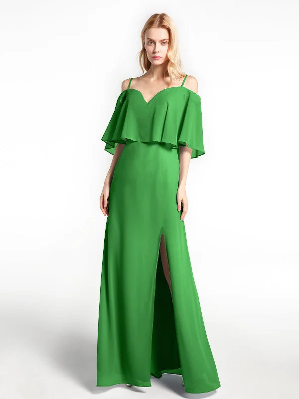 Ruffled Cold Shoulder Maxi Dress with Flounce Overlay Green Stylish One-Shoulder Maxi Dress