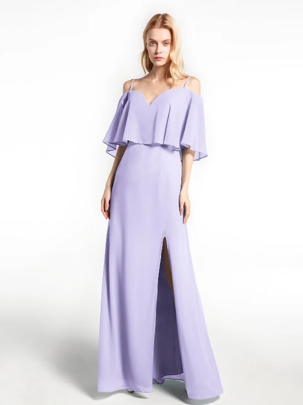 Ruffled Cold Shoulder Maxi Dress with Flounce Overlay Lilac Comfortable Bohemian Maxi Dress