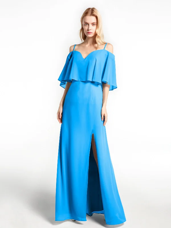 Ruffled Cold Shoulder Maxi Dress with Flounce Overlay Ocean Blue Stylish V-Neck Maxi Dress