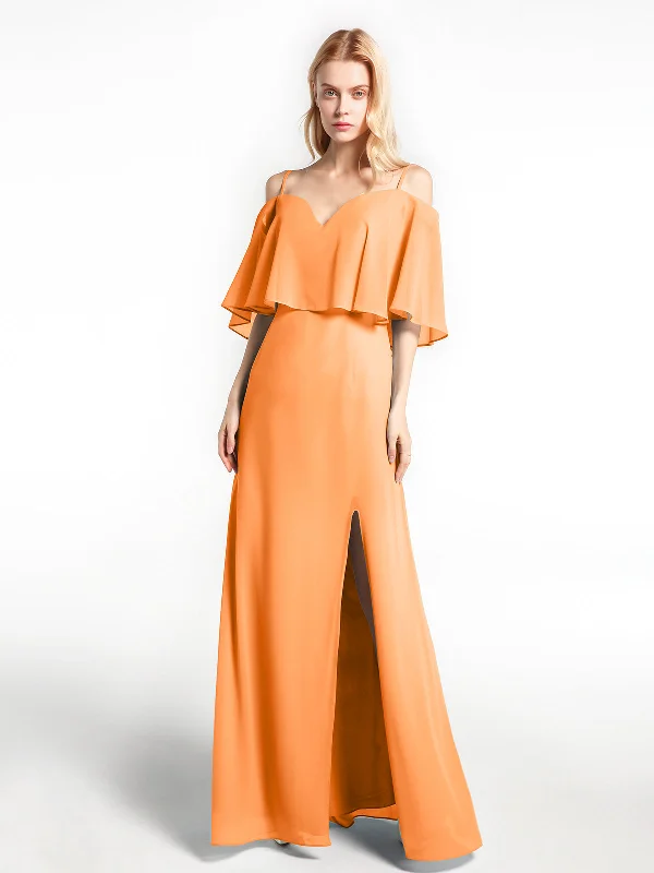 Ruffled Cold Shoulder Maxi Dress with Flounce Overlay Orange Trendy Maxi Dress with Straps