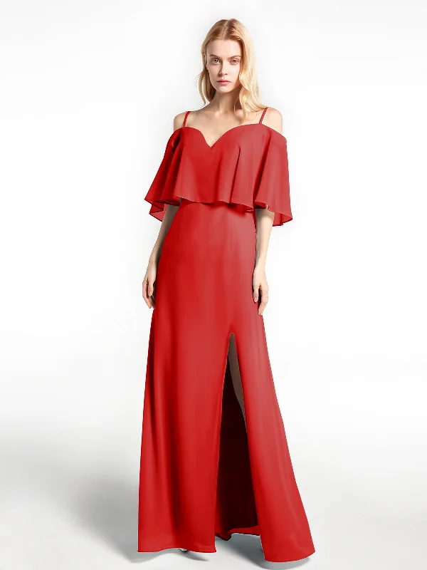 Ruffled Cold Shoulder Maxi Dress with Flounce Overlay Red Trendy Satin Maxi Dress