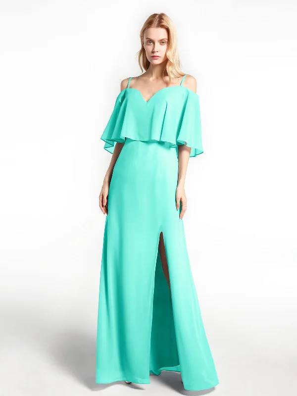 Ruffled Cold Shoulder Maxi Dress with Flounce Overlay Spa Comfortable Bohemian Maxi Dress