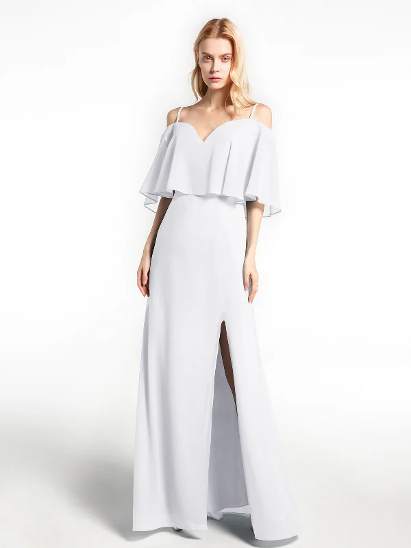 Ruffled Cold Shoulder Maxi Dress with Flounce Overlay White Elegant Silk Maxi Dress