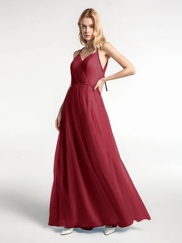 Twist Straps Tulle Maxi Dress with V Neckline Burgundy Casual Maxi Dress with Pockets