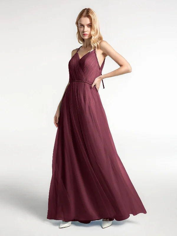 Twist Straps Tulle Maxi Dress with V Neckline Cabernet Comfortable Fit-and-Flare Maxi Dress