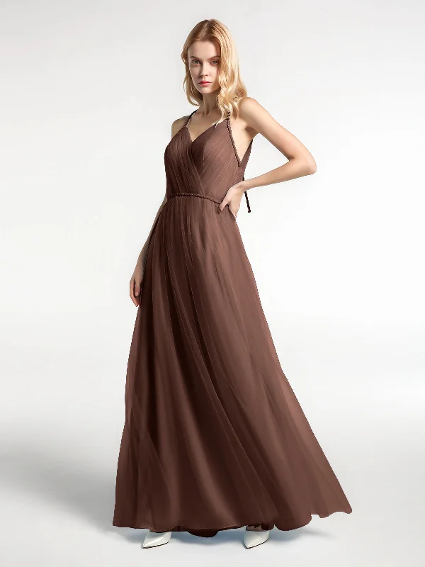 Twist Straps Tulle Maxi Dress with V Neckline Chocolate Elegant Wraparound Maxi Dress