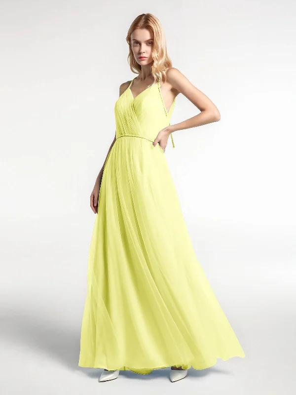 Twist Straps Tulle Maxi Dress with V Neckline Daffodil Trendy Maxi Dress with Bow