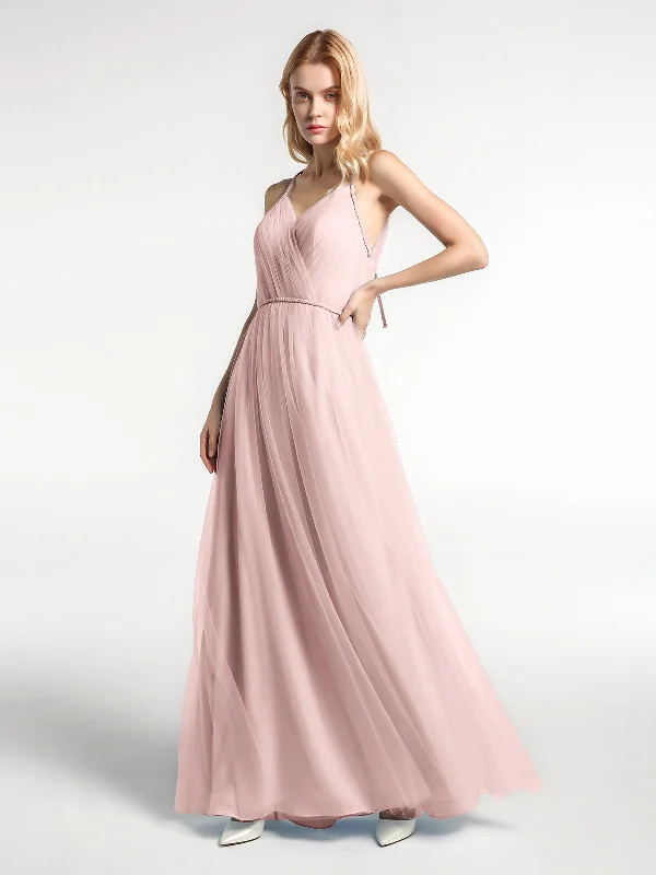 Twist Straps Tulle Maxi Dress with V Neckline Dusty Rose Comfortable Pleated Maxi Dress